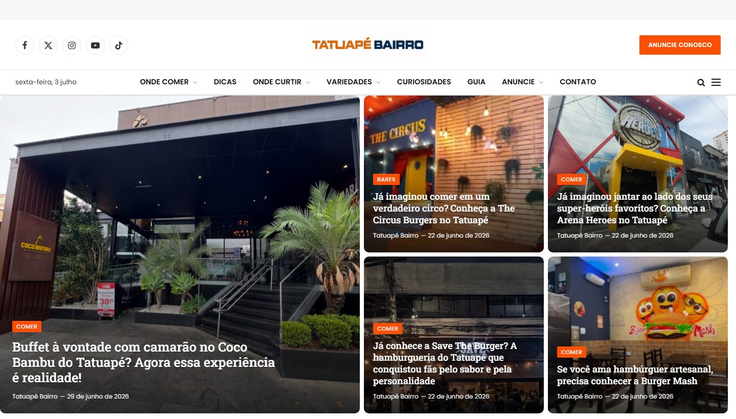 Print da página inicial do portal Tatuapé Bairro